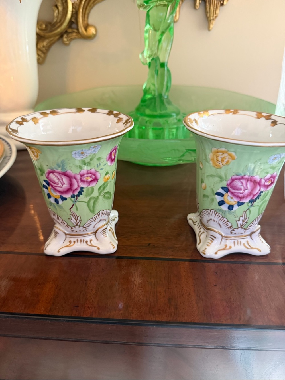 Vintage Chelsea House Petit Green /Gold Floral Vases